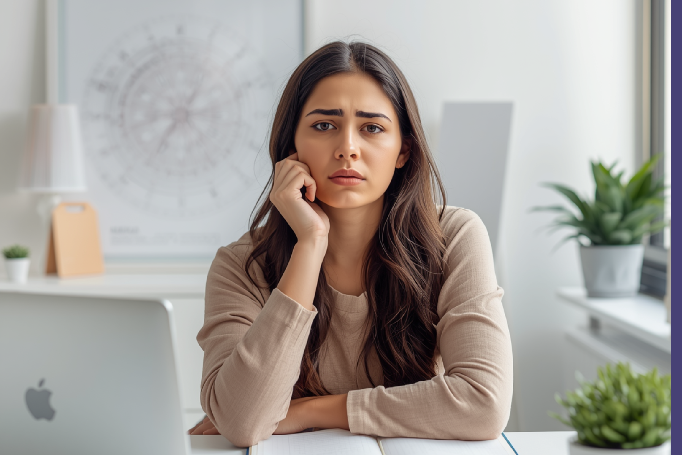 Young professional looking concerned at desk with laptop and Prasna chart, representing career confusion and search for clarity through Kerala Prasna astrology