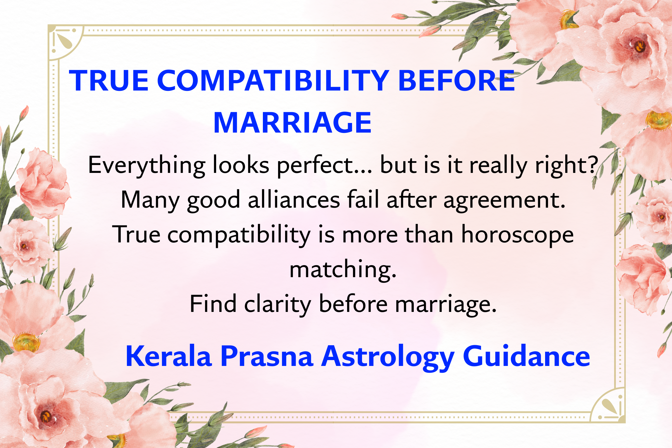 Couple compatibility concept text about checking true marriage compatibility before marriage using Kerala Prasna astrology guidance